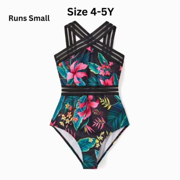 85.🆕 4-5 Y Girl Crisscross Neckline Floral Print Swimsuit * Runs Small NWT - Picture 1 of 4